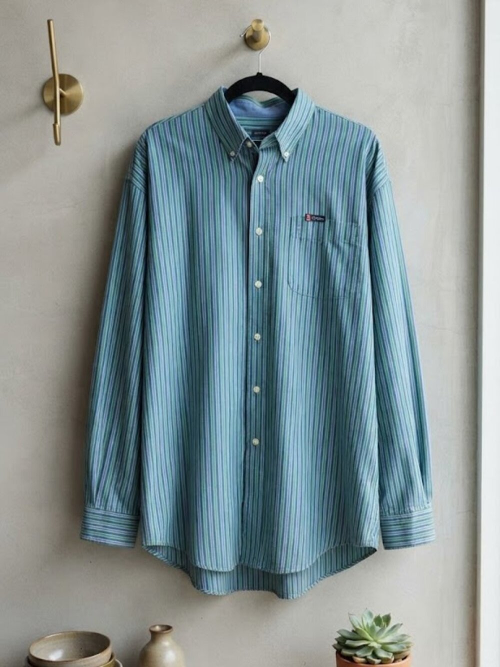 Chaps Easy Care Men's 2XB Blue Green Striped Button Down Shirt Cotton Blend Big